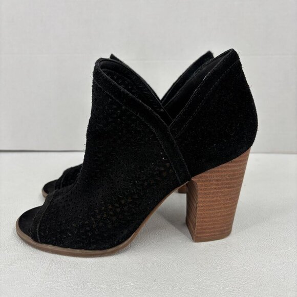 Lucky Brand Perforated Leather Bootie Size 8 Black Suede Heel Peep Toe Boot - Picture 3 of 9